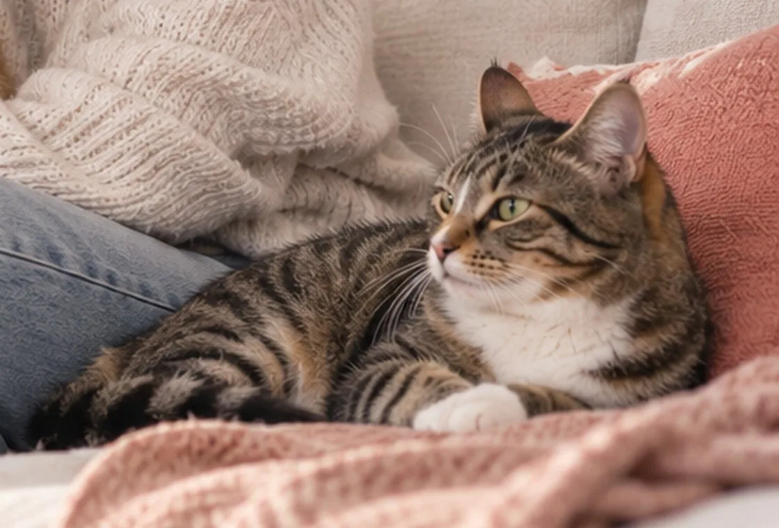 Tabby cat resting on a blanket