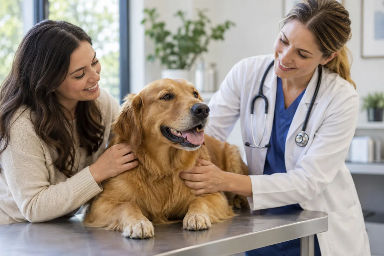Veterinarian examining a dog with an owner staying close